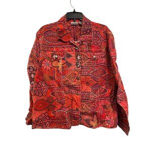 Chicos Red Multicolor Jacket Size 8 Bold Pattern Button Front Long Sleeve Ramie